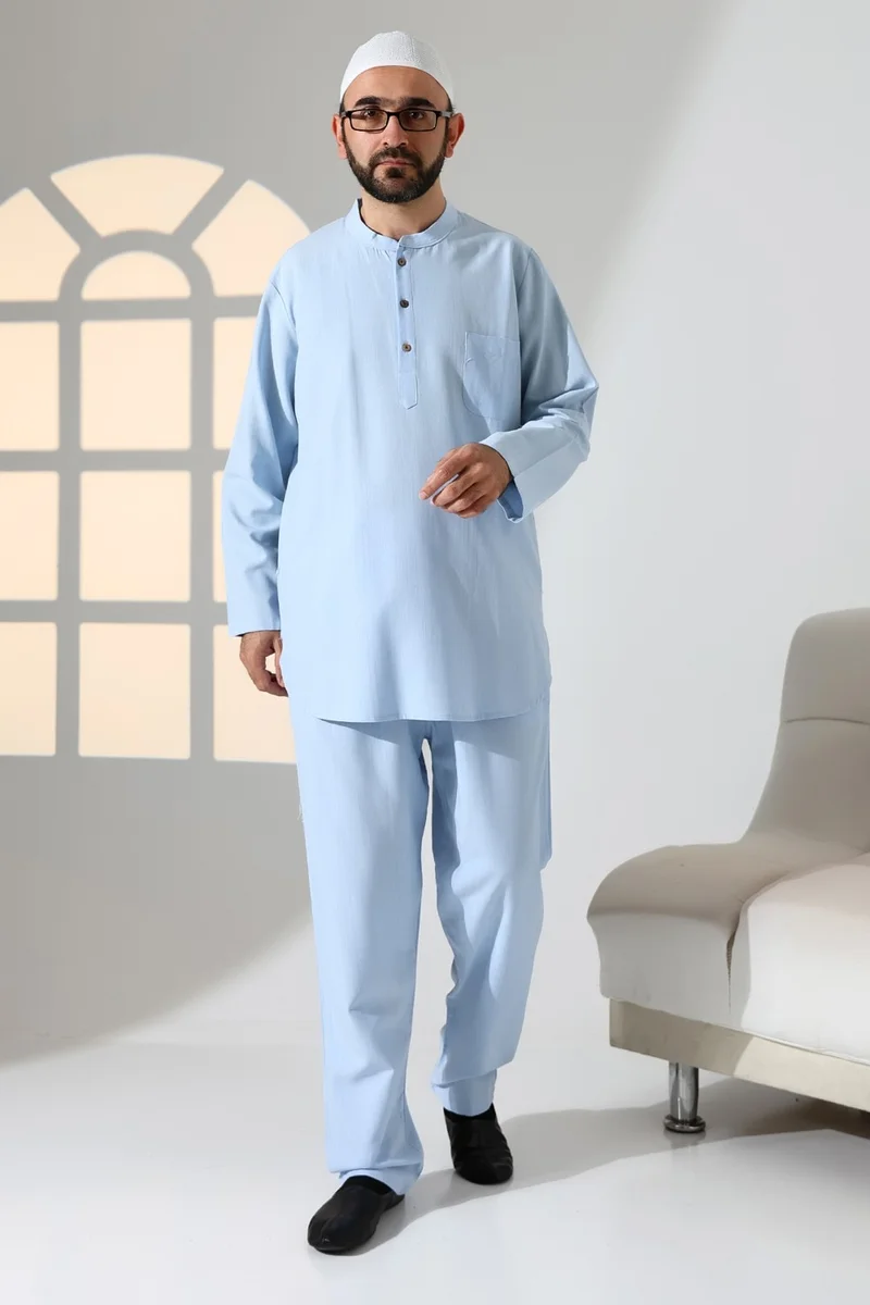 İhvan Online Ihvan Online Men's Single Pocket Mandarin Collar Shirt Trousers Linen Two Piece Set Hajj Umrah Outfit - Light Blue
