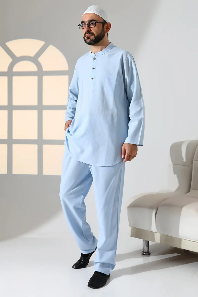 İhvan Online Ihvan Online Men's Single Pocket Mandarin Collar Shirt Trousers Linen Two Piece Set Hajj Umrah Outfit - Light Blue