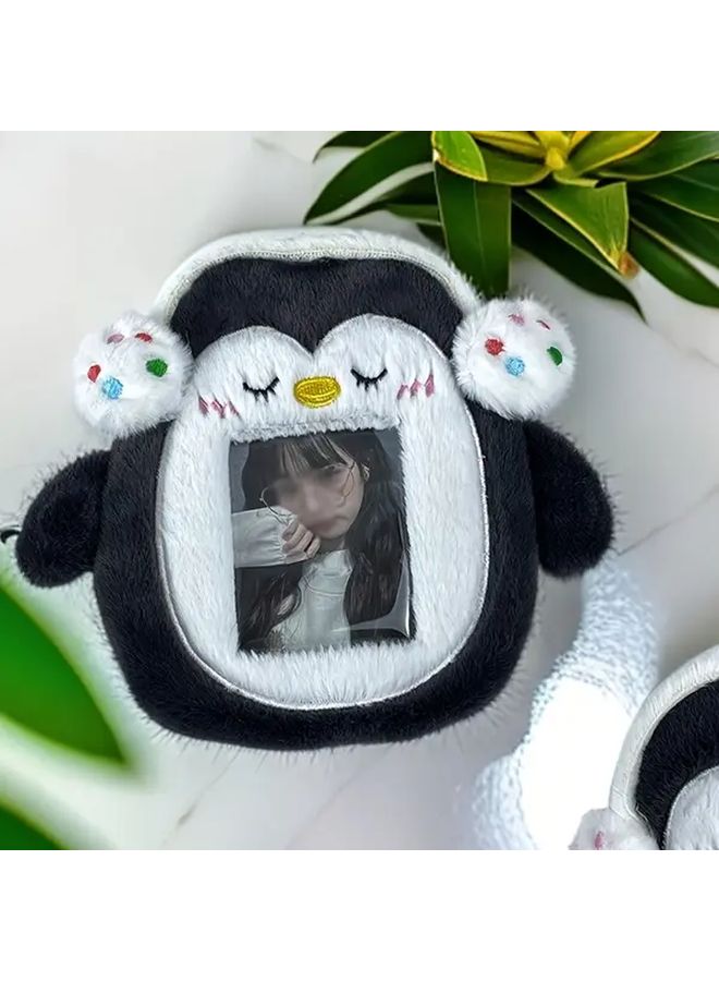 Cute Penguin Plush ID Card Holder With Transparent Window Black And White - Image 1