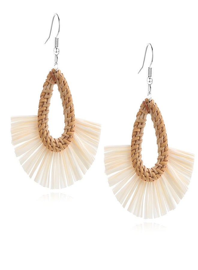 WCRAZYE Boho Summer Beach Earrings for Women Lightweight Straw Wicker Earring Statement Raffia Fan Round Tassel Dangle Drop Earrings Hawaii Jewelry (White Teardrop) - Image 1