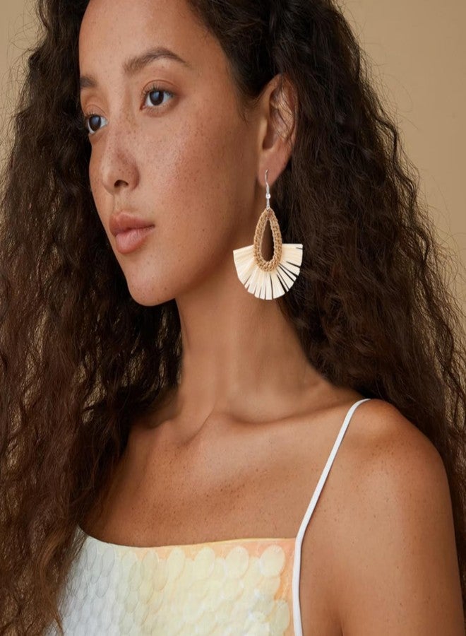 WCRAZYE Boho Summer Beach Earrings for Women Lightweight Straw Wicker Earring Statement Raffia Fan Round Tassel Dangle Drop Earrings Hawaii Jewelry (White Teardrop) - Image 5