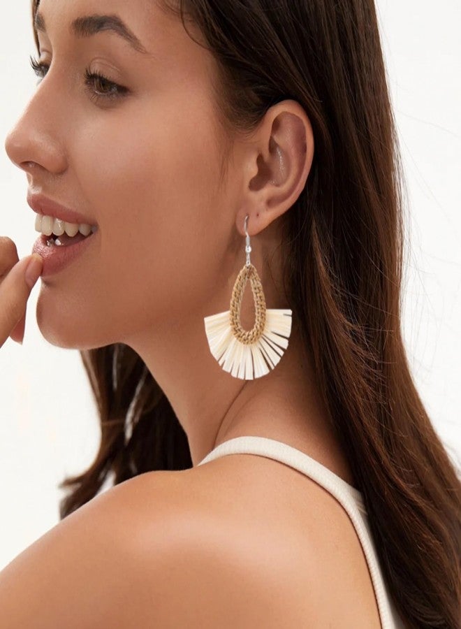 WCRAZYE Boho Summer Beach Earrings for Women Lightweight Straw Wicker Earring Statement Raffia Fan Round Tassel Dangle Drop Earrings Hawaii Jewelry (White Teardrop) - Image 4