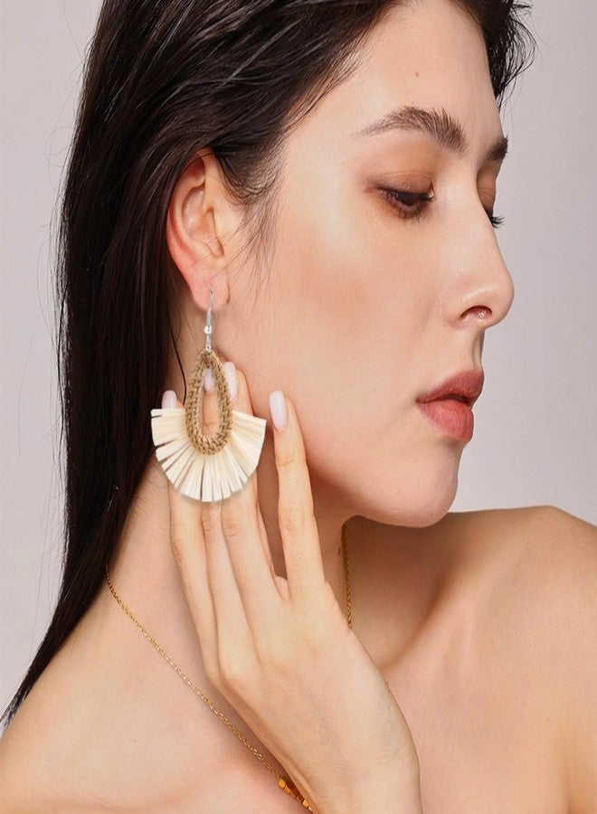 WCRAZYE Boho Summer Beach Earrings for Women Lightweight Straw Wicker Earring Statement Raffia Fan Round Tassel Dangle Drop Earrings Hawaii Jewelry (White Teardrop) - Image 3