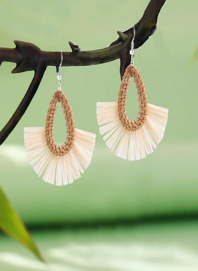 WCRAZYE Boho Summer Beach Earrings for Women Lightweight Straw Wicker Earring Statement Raffia Fan Round Tassel Dangle Drop Earrings Hawaii Jewelry (White Teardrop) - Image 2