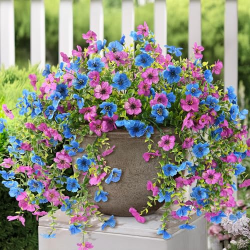 ZFProcess Artificial Hanging Flowers for Outdoors Spring Summer Decoration, 2PCS Silk Fake Daisy Realistic Outdoor Flowers UV Resistant Porch Patio Window Yard Decor(Purple Blue) - Image 1