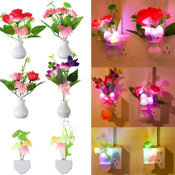 6 PACK COLOR CHANGING PLUG IN MUSHROOM NIGHT LIGHT SENSOR LED NIGHT LIGHT DUSK TO DAWN WALL BASED FLOWER LAMP MUSHROOM LAMP FOR BEDROOM BATHROOM KITCHEN LOUNGE HALLWAY STAIRS CORRIDOR SPRING
