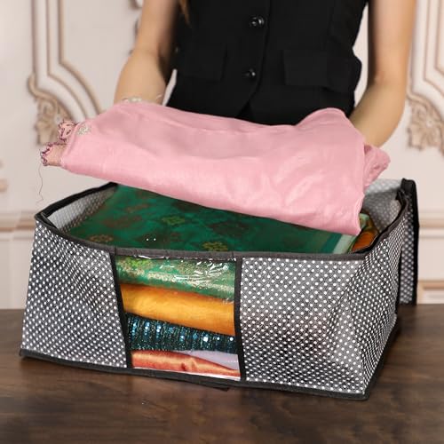 JEYANG Non Woven Saree Cover And Cloth Organizer with Transparent Window for Wardrobe Storage for Towels, Bedsheets, Clothes, Sarees And Lehenga ((Black Dot), Pack of 6) - Image 5