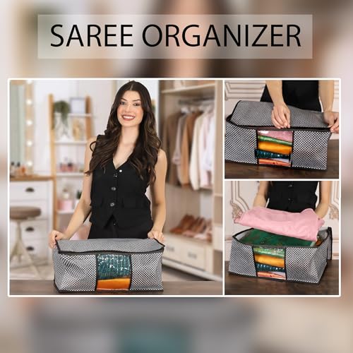 JEYANG Non Woven Saree Cover And Cloth Organizer with Transparent Window for Wardrobe Storage for Towels, Bedsheets, Clothes, Sarees And Lehenga ((Black Dot), Pack of 6) - Image 4