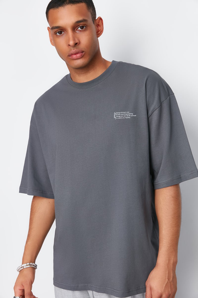 trendyol Anthracite Oversize Crew Neck Cotton T-Shirt with Print TMNSS23TS00084 - Image 1