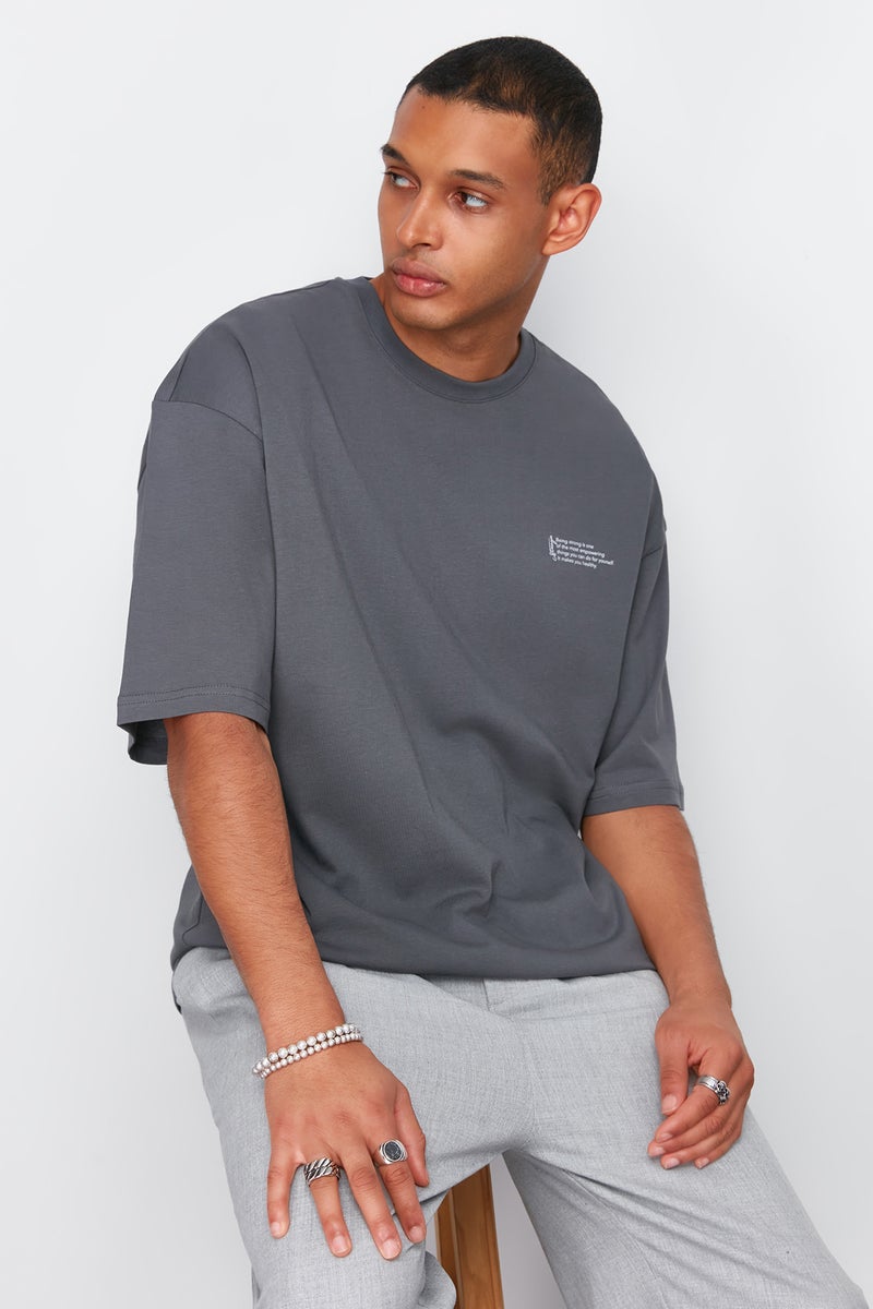 trendyol Anthracite Oversize Crew Neck Cotton T-Shirt with Print TMNSS23TS00084 - Image 4