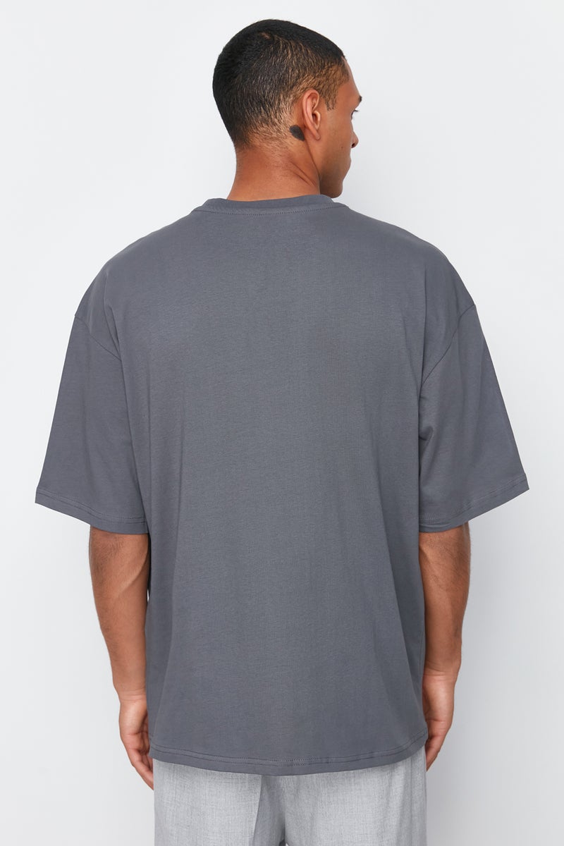 trendyol Anthracite Oversize Crew Neck Cotton T-Shirt with Print TMNSS23TS00084 - Image 2