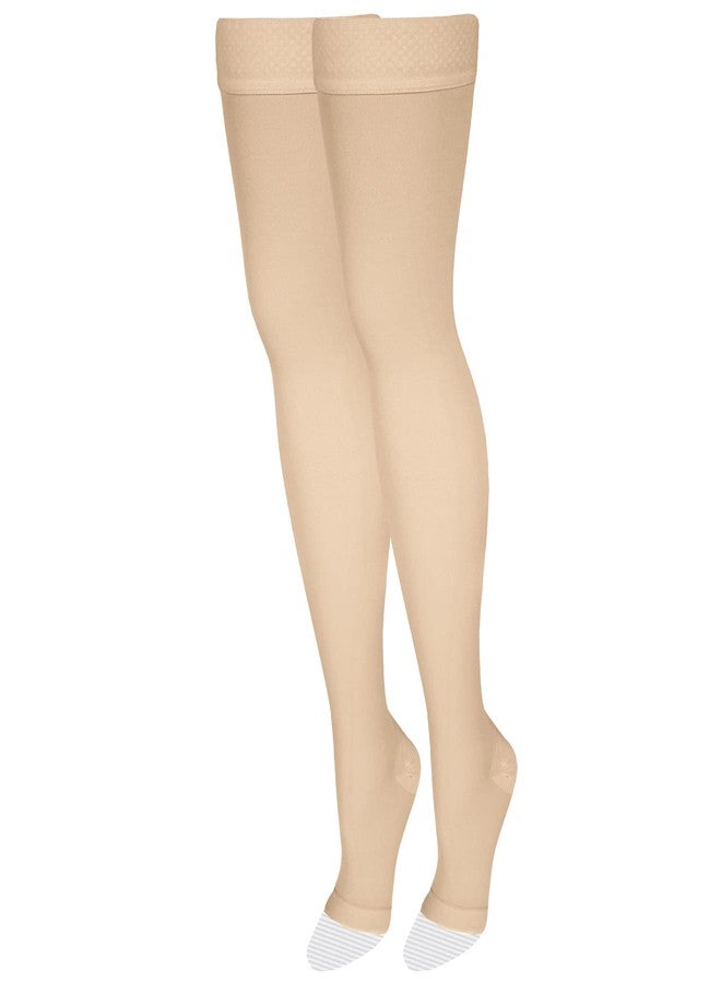 NuVein Medical Compression Stockings, 20-30 mmHg Support, Women & Men Thigh Length Hose, Open Toe, Light Beige, Large - Image 1