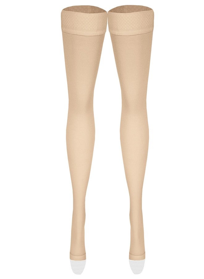 NuVein Medical Compression Stockings, 20-30 mmHg Support, Women & Men Thigh Length Hose, Open Toe, Light Beige, Large - Image 3