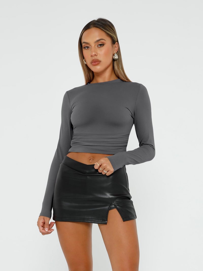 AUTOMET 3 Pack Womens Long Sleeve T Shirts Fall Fashion Basic Going Out Crop Tops Slim Fitted Winter Clothes 2025 Black White Gray M - Image 2
