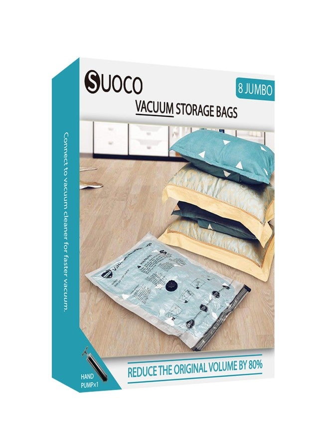 SUOCO أكياس تخزين مفرغة من الهواء، أكياس ضغط موفرة للمساحة لحفظ الملابس وأغطية الأسرة والبطانيات والوسائد، 8 أكياس جامبو - Image 1