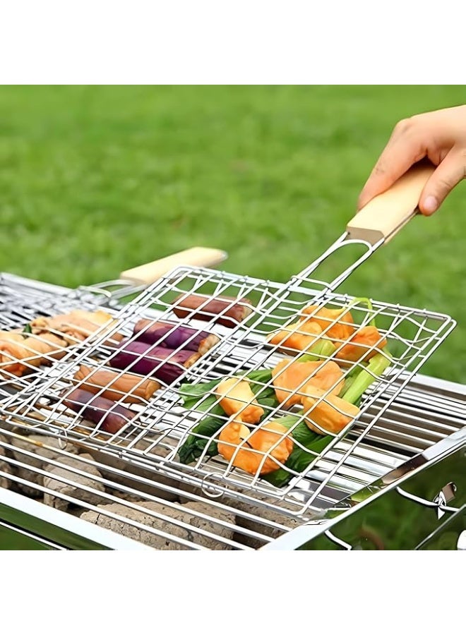 Spaceshoop Stainless Steel Grill Net with Wooden Handle for Roast Fish Vegetable Shrimp Seafood (big Size)(35x25x50 rectangular)  - Image 2