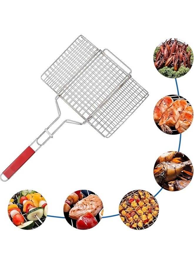 Spaceshoop Stainless Steel Grill Net with Wooden Handle for Roast Fish Vegetable Shrimp Seafood (big Size)(35x25x50 rectangular)  - Image 1