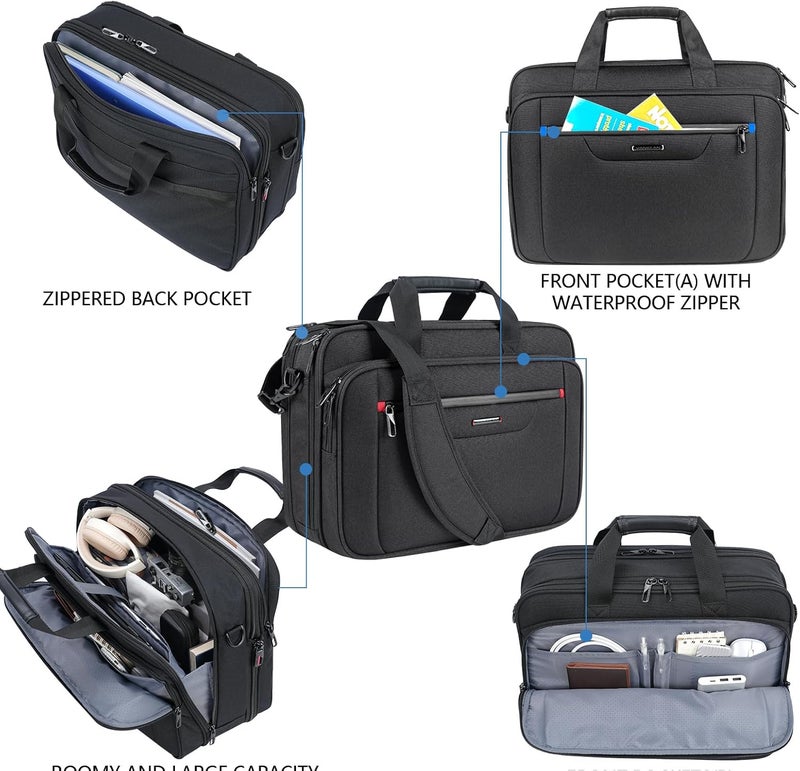 VANKEAN Laptop Bag 17.3 Inch Waterproof Briefcase for Men/Women Laptop Bag Partable Messenger Bag Expandable Water Repellent for Travel Business School Black - Image 5