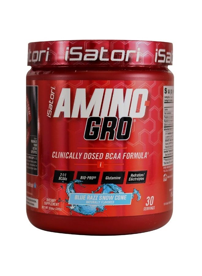iSatori Amino-GRO BCAA Powder - Branched Chain Amino Acid Formula with Glutamine and Bio-GRO Bio-Active Peptides - Essential Amino Energy for Women and Men - Blue Razz Snow Cone (30 Servings) - Image 1