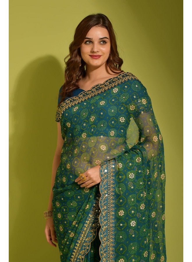 Granthi Enterprise Granthi Enterprise Women's Smooth Georgette Chiffon Embroidered Saree With Unstitched Blouse Piece | Cut Work Sequin Lace Border | Latest Fashion For Women And Girls (Petrol Blue)  - Image 4