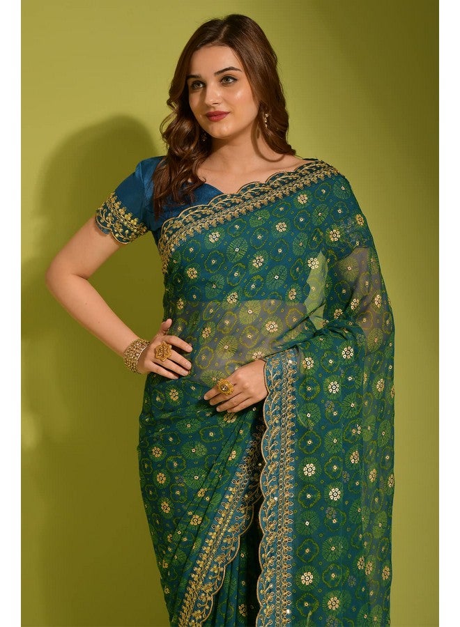 Granthi Enterprise Granthi Enterprise Women's Smooth Georgette Chiffon Embroidered Saree With Unstitched Blouse Piece | Cut Work Sequin Lace Border | Latest Fashion For Women And Girls (Petrol Blue)  - Image 2