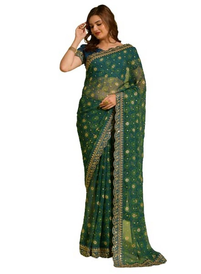 Granthi Enterprise Granthi Enterprise Women's Smooth Georgette Chiffon Embroidered Saree With Unstitched Blouse Piece | Cut Work Sequin Lace Border | Latest Fashion For Women And Girls (Petrol Blue)  - Image 1