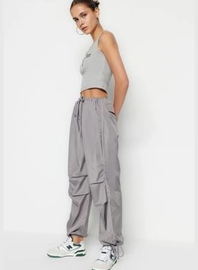 trendyol Gray Woven Parachute High Waist Trousers with Belt TWOSS23PL00317