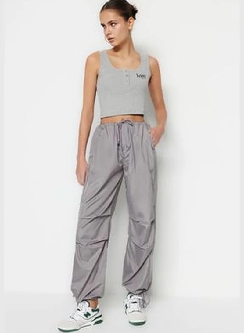 trendyol Gray Woven Parachute High Waist Trousers with Belt TWOSS23PL00317