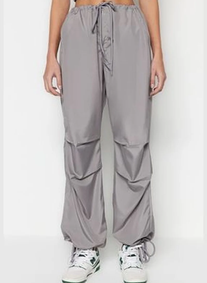 trendyol Gray Woven Parachute High Waist Trousers with Belt TWOSS23PL00317