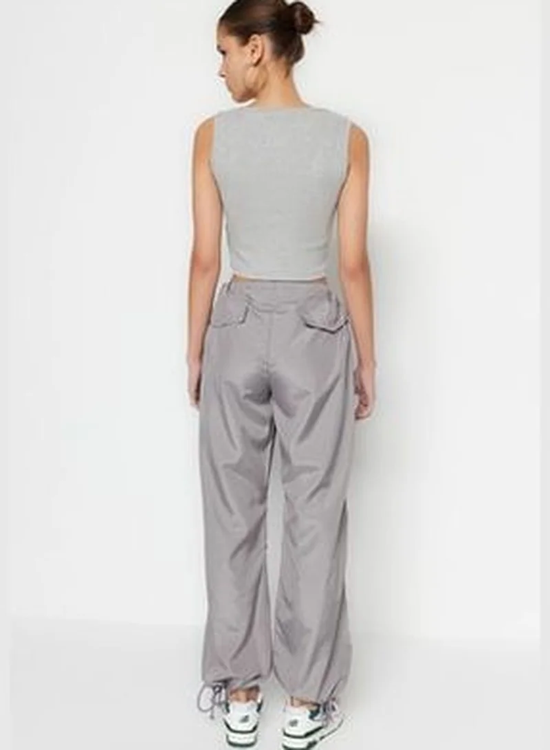 trendyol Gray Woven Parachute High Waist Trousers with Belt TWOSS23PL00317