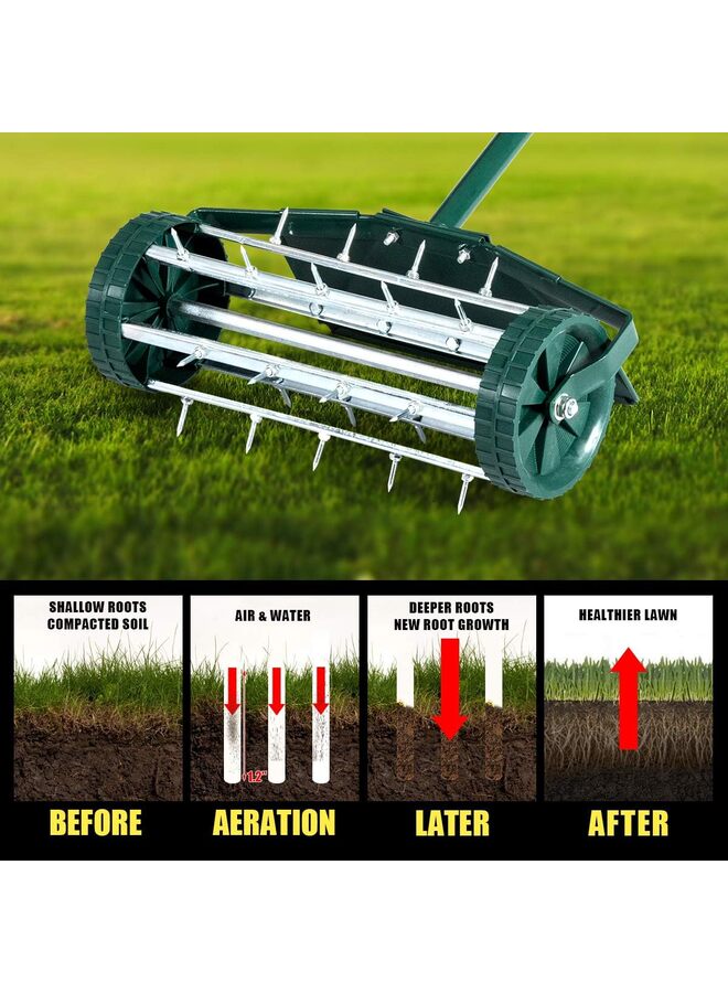 Rolling Lawn Aerator, 18-Inch Garden Yard Rotary Push Tine Heavy Duty Spike Soil Aeration, Manual Lawn Aeration Tool 41-Inch Handle - Image 3