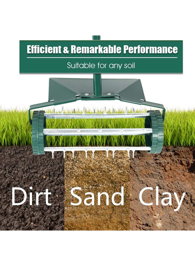 Rolling Lawn Aerator, 18-Inch Garden Yard Rotary Push Tine Heavy Duty Spike Soil Aeration, Manual Lawn Aeration Tool 41-Inch Handle - Image 2