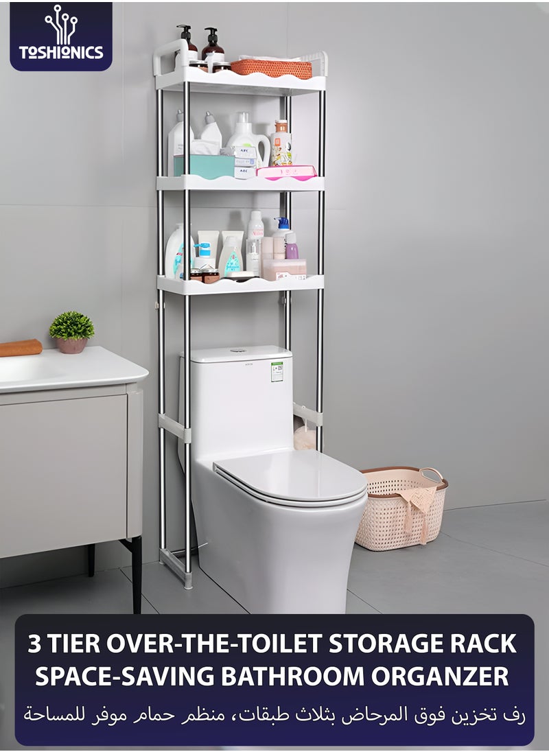 Toshionics - 3-Tier Over the Toilet Storage Rack 10kg Capacity Space Saver Layer Shelves with Draining Holes Rustproof Stainless Steel Adjustable Bathroom Stand Organizer Easy to Assemble, White - Image 1