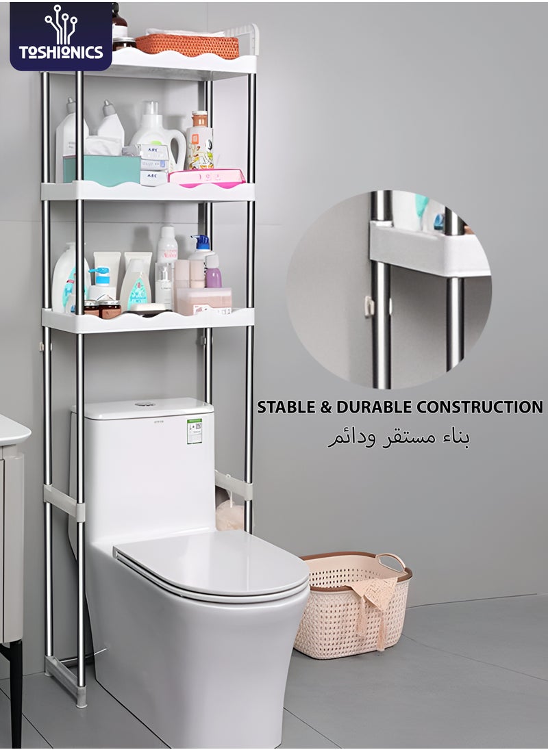 Toshionics - 3-Tier Over the Toilet Storage Rack 10kg Capacity Space Saver Layer Shelves with Draining Holes Rustproof Stainless Steel Adjustable Bathroom Stand Organizer Easy to Assemble, White - Image 1