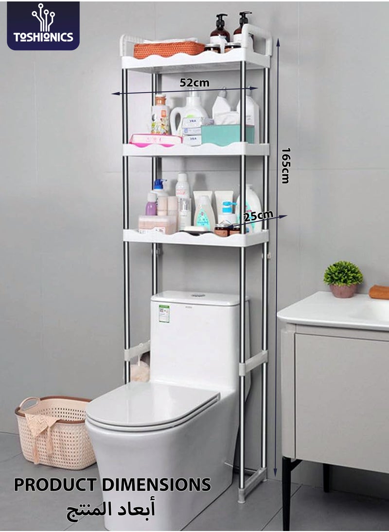 Toshionics - 3-Tier Over the Toilet Storage Rack 10kg Capacity Space Saver Layer Shelves with Draining Holes Rustproof Stainless Steel Adjustable Bathroom Stand Organizer Easy to Assemble, White - Image 1