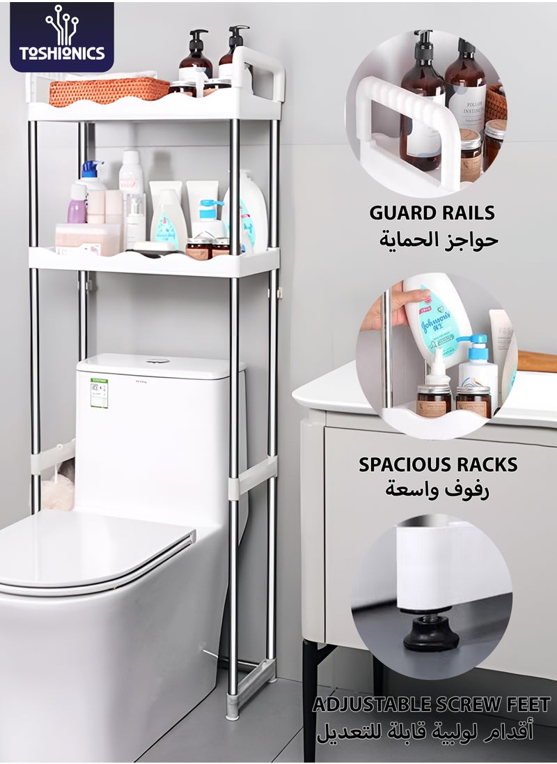 Toshionics - 3-Tier Over the Toilet Storage Rack 10kg Capacity Space Saver Layer Shelves with Draining Holes Rustproof Stainless Steel Adjustable Bathroom Stand Organizer Easy to Assemble, White - Image 1