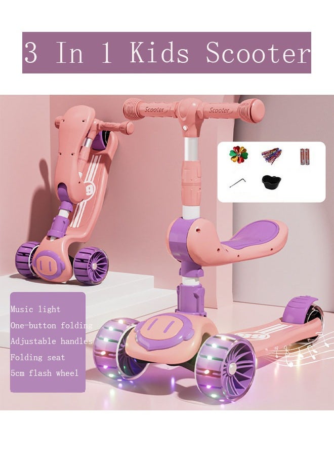 Generic - 3 In 1 Kids Scooter with Music Light Up LED Flashing Wheels Foldable Seat Adjustable Height Lightweight Push Scooters 3 Wheeled Toddlers Folding Scooter for Boys/Girls 2-12 Years Old Pink - Image 1