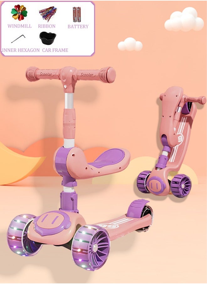 Generic - 3 In 1 Kids Scooter with Music Light Up LED Flashing Wheels Foldable Seat Adjustable Height Lightweight Push Scooters 3 Wheeled Toddlers Folding Scooter for Boys/Girls 2-12 Years Old Pink - Image 1