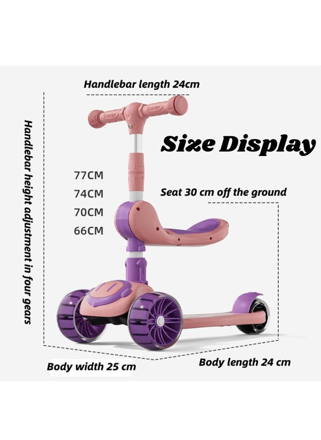 Generic - 3 In 1 Kids Scooter with Music Light Up LED Flashing Wheels Foldable Seat Adjustable Height Lightweight Push Scooters 3 Wheeled Toddlers Folding Scooter for Boys/Girls 2-12 Years Old Pink - Image 1