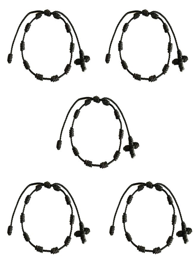 YouU Set of 5 Handmade Rosary Cross Bracelets Adjustable Pulseras Decenarios (Black) - Image 1