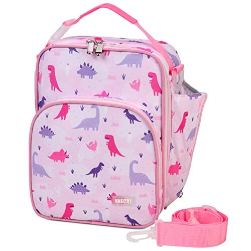 VASCHY Lunch Boxes Bag for Kids Insulated Lunchbox Reusable Containers for Girls with Detachable Shoulder Strap for School Pink Dinosaur