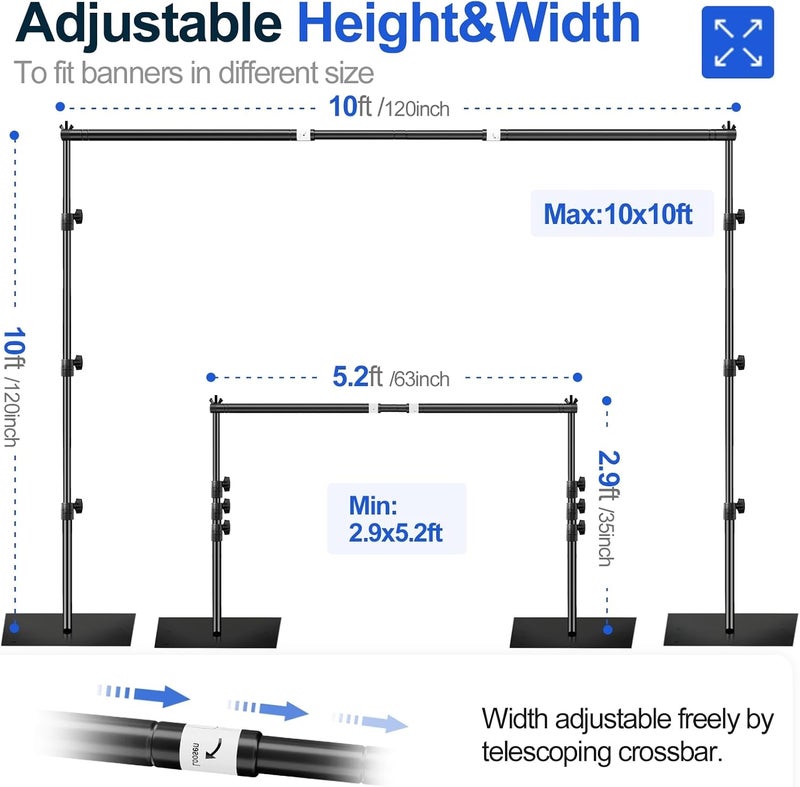Heavy Duty Background Stand, 10x10ft/3x3m Adjustable Backdrop Support System Kit with Steel Base for Photography, Photo Video Studio, Birthday Parties Wedding Decoration -Black - Image 2