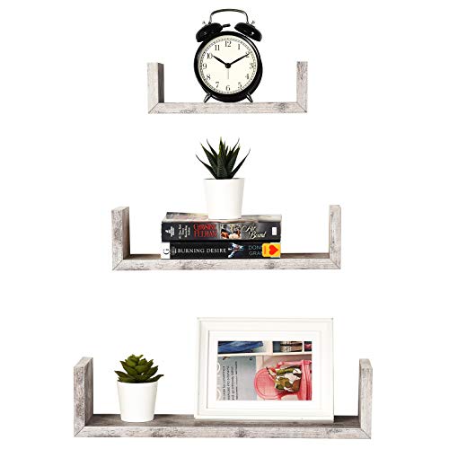 Greenco Set of 3 Floating “U” Shelves, Easy-to-Assemble Floating Wall Mount Shelves for Bedrooms and Living Rooms, Rustic White Finish - Image 1