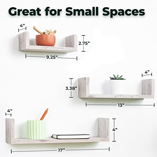 Greenco Set of 3 Floating “U” Shelves, Easy-to-Assemble Floating Wall Mount Shelves for Bedrooms and Living Rooms, Rustic White Finish - Image 2