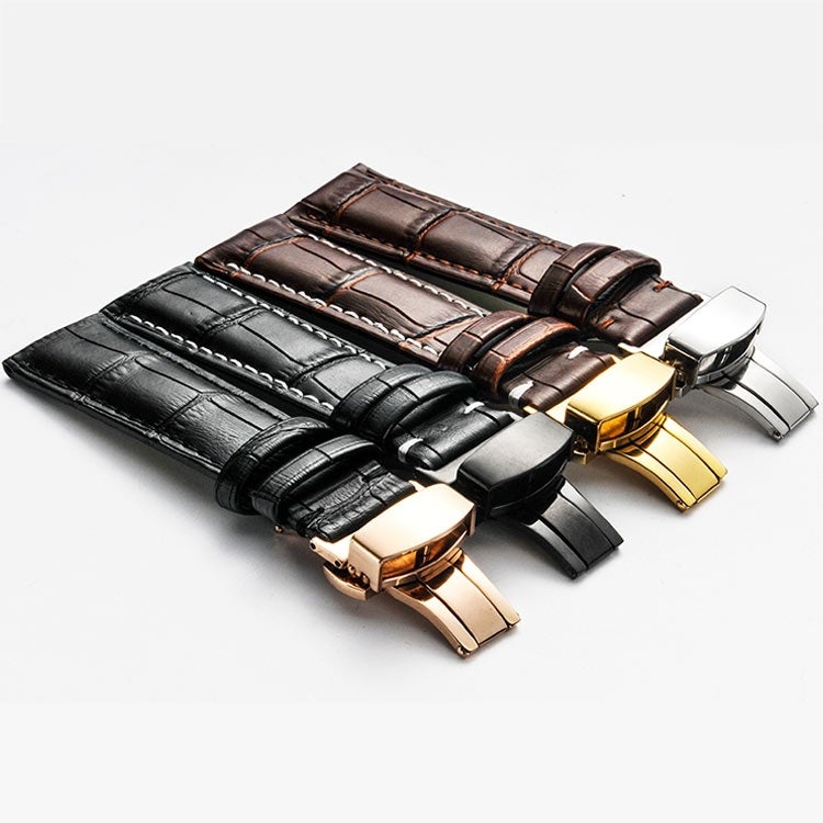 18Mm Classic Cowhide Leather Gold erfly Buckle Watch Band(Black) - Image 3