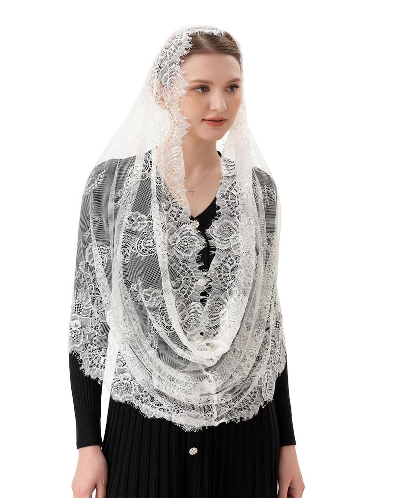PAMOR Spanish Style Lace Traditional Vintage Inspired Infinity Shape Mantilla Veil Latin Mass Head Covering (Ivory) - Image 2