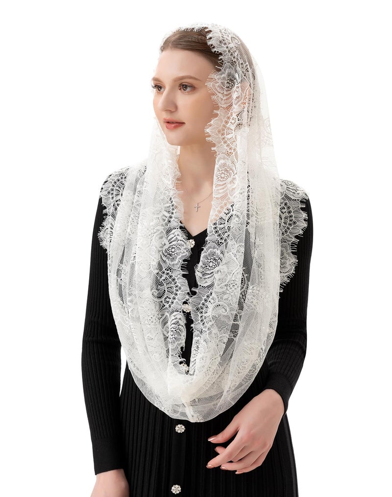 PAMOR Spanish Style Lace Traditional Vintage Inspired Infinity Shape Mantilla Veil Latin Mass Head Covering (Ivory) - Image 3