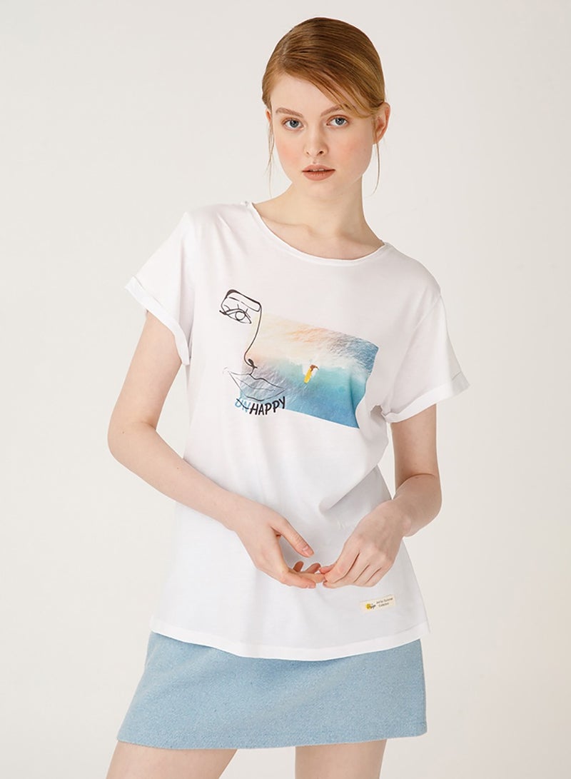 Biggdesign تي شيرت نسائي سعيد من فيسز، مادة قطنية، تصميم مخصص، تي شيرت أبيض للنساء، مقاس م - Image 1