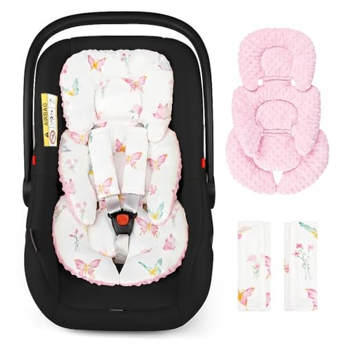 WINGHENLEE Infant Car Seat Insert for Newborn Girls Boys Reversible Baby Carseat Head Support with Strap Pads Soft Baby Car Seat Insert Cushion Pad for Stroller Bouncer Swing High Chair Pink Butterfly - Image 1