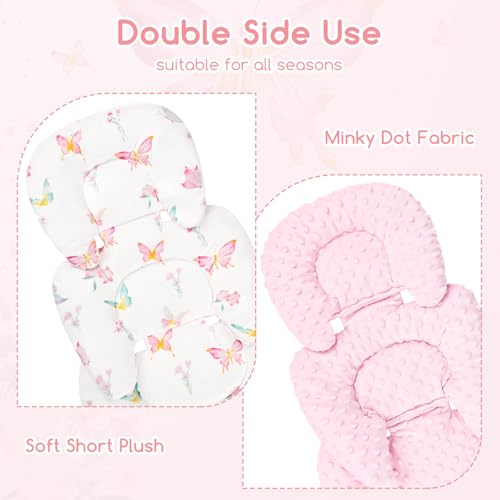 WINGHENLEE Infant Car Seat Insert for Newborn Girls Boys Reversible Baby Carseat Head Support with Strap Pads Soft Baby Car Seat Insert Cushion Pad for Stroller Bouncer Swing High Chair Pink Butterfly - Image 3